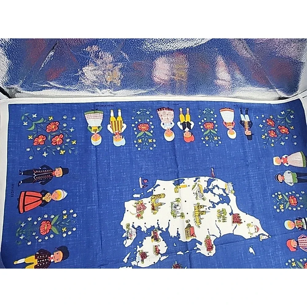 Vtg Tablecloth Fabric Ingrid Pedersen Denmark Souvenir 36” By 36” Blue